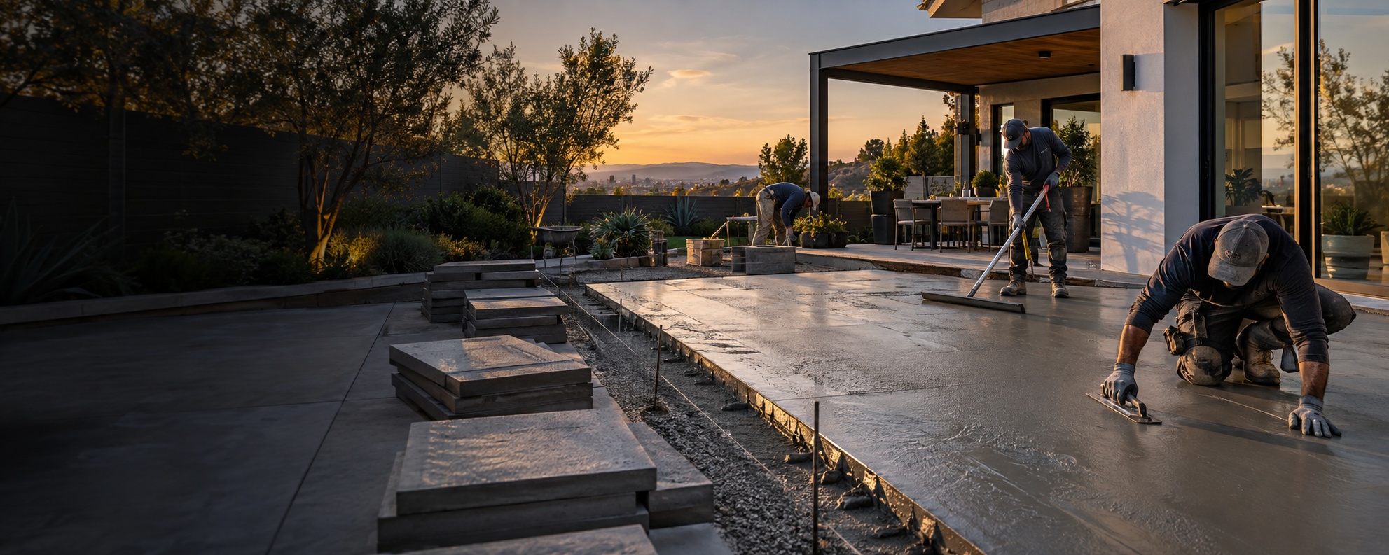 Construction crew professionally finishing a concrete patio